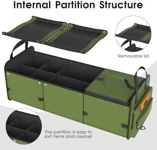 Car Trunk Organizer for SUV, Heavy Duty Waterproof Trunk Organizer, Foldable Collapsible Car Organizer with Cooler, Multi-Compartment Large Trunk Organizer (95L), Green-M003