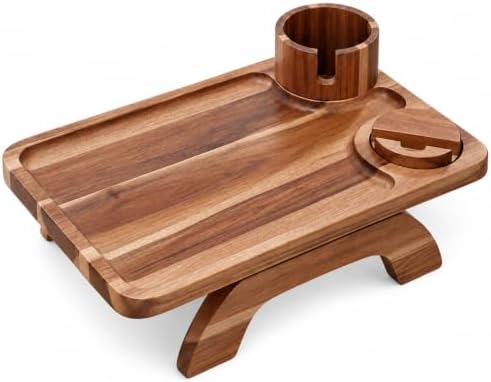 Couch Cup Holder Tray, Large 3-in-1 Acacia Wood Sofa Arm Rest Tray with Cup Holder & 360° Rotating Phone Stand, 15.36 × 9.85 Inches