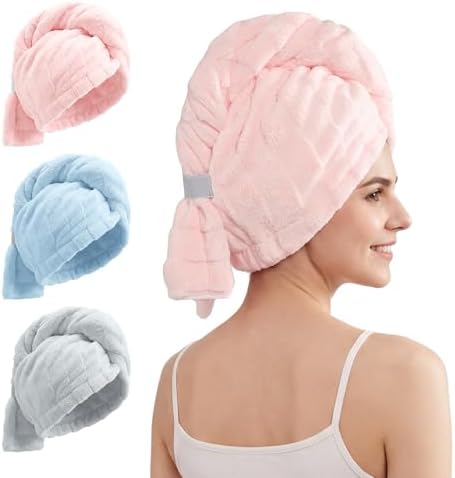 3 Pack Microfiber Hair Towel Wrap for Women, Super Absorbent Quick Dry Hair Turban for Thick Long Curly Hair, Large Stay-Put Anti-Frizz Hair Drying Towels, Pink Blue Gray