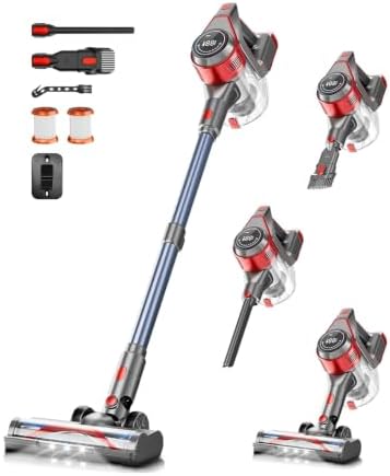 Cordless Vacuum Cleaner for Home - Powerful, 40Kpa Stick Vacuums Lightweight with Detachable Battery Display, Max 45Mins Runtime, 8 in 1 Handheld Vacuum for Hardfloor & Carpets Pet Hair, Red