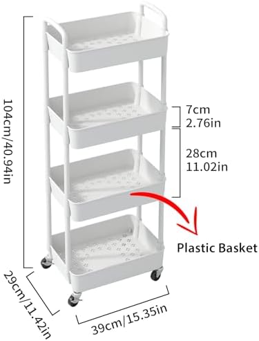4-Tier Plastic Rolling Utility Cart with Wheels for Storage,White