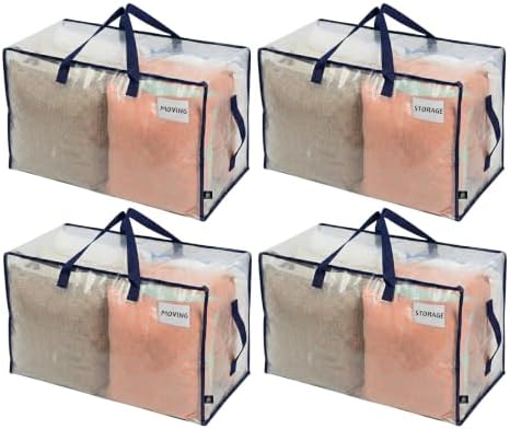 4 Pack Clear Extra Large Moving Bags & Storage Totes, Heavy Duty Organizer with Reinforced Handles & Strong Zippers for Clothes, College Dorm Essentials, Moving Supplies