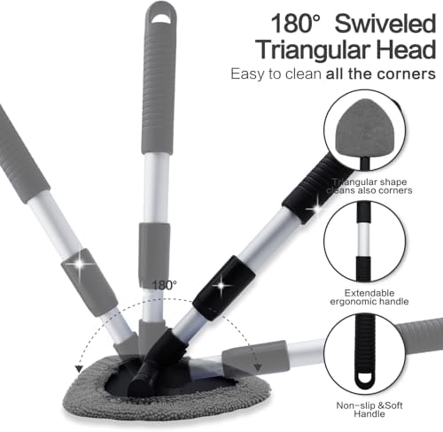 Windshield Cleaner Tool 22.5" L - Car Interior&Exterior Window Cleaning Kit with Extendable Handle&4 Microfiber Pads and Thick Large Wash Sponge, Auto Glass Wiper Brush Kit for Cars Home (7pcs Grey)