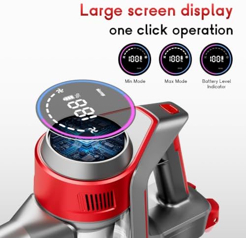Cordless Vacuum Cleaner for Home - Powerful, 40Kpa Stick Vacuums Lightweight with Detachable Battery Display, Max 45Mins Runtime, 8 in 1 Handheld Vacuum for Hardfloor & Carpets Pet Hair, Red