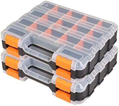 Tool Box with Transparent Lid, Double Side 34-Compartments Organizer Box with Removable Dividers for Hardware, Screws, Bolts, Nails, Beads, Jewelry and Fishing Accessories, Orange, 2 Pack
