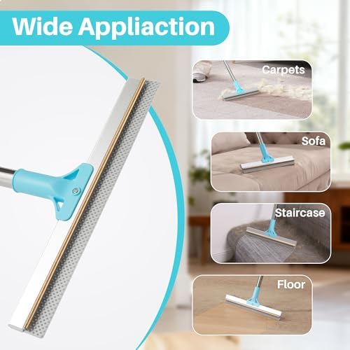 Carpet Rake for Pet Hair Removal, 63" Adjustable Long Handle Pet Hair Remover, Reusable Cat Dog Hair Carpet Rake with Metal and Silicone Scraper for Rug, Sofa, Cloth
