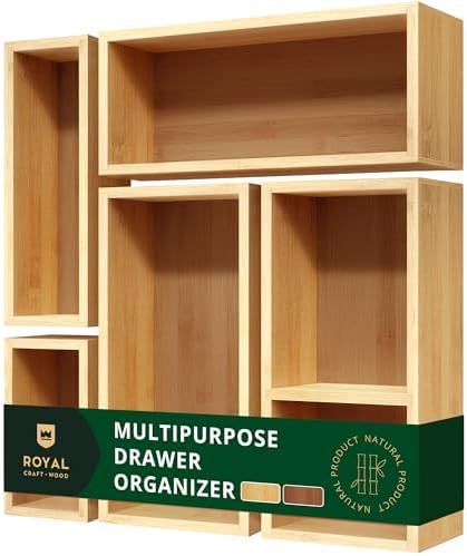5-Piece Bamboo Drawer Organizer Set – Multi-Use Storage Trays for Kitchen, Bathroom, Office, Makeup, Jewelry & More – Junk Drawer Tray, Utensil Holder, Storage Box & Bin Set (5 Boxes)
