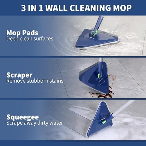 Wall Cleaner Mop with 82 Inches Long Handle, Baseboard Cleaner Tool Duster with Squeegee, Ceiling Cleaning Tool with 6 Replacement Pads for Painted Walls, Window, Floor - Blue