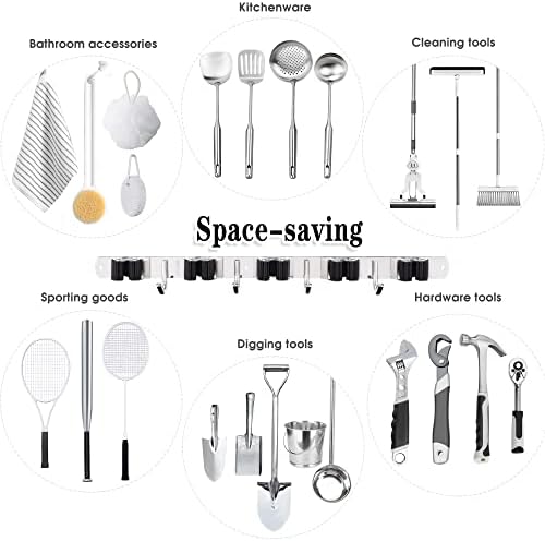 Broom Holder Wall Mount, 5 Racks 4 Hooks Heavy Duty Mop Organizer