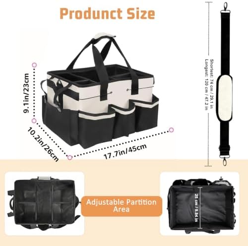 White Cleaning Caddy, Large Cleaning Bag with Handle & Adjustable Shoulder Strap, Tool Bag for Cleaning Supplies Organizer, Multi-Compartment Cleaner Caddy for Home, Car, Garden