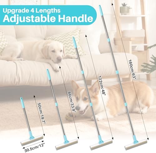 Carpet Rake for Pet Hair Removal, 63" Adjustable Long Handle Pet Hair Remover, Reusable Cat Dog Hair Carpet Rake with Metal and Silicone Scraper for Rug, Sofa, Cloth