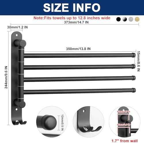 Swivel Towel Rack, 13.8" Thicken 304 Stainless Steel 4-Arm Towel Bar, Space Saving Wall Mounted Towel Holder with Hook, Rustproof Swing Out Towel Hanger for Bathroom, Kitchen (Matte Black)