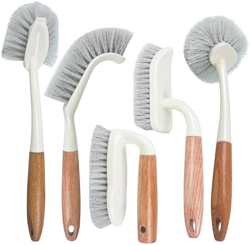 5-Pack Heavy Duty Scrub Brushes Set with Wooden Handles