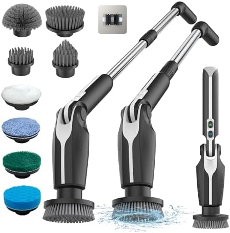 Electric Spin Scrubber, Shower Scrubber with 4 Adjustable Angles and 8 Brush Heads, Electric Scrubber with Long Handle & Remote Controller, Cleaning Brush for Bathroom, Tub, Floor (Black)