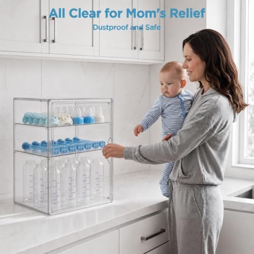 Baby Bottle Storage Organizer for Countertop Cabinet, 3 Tiers Adjustable Clear Acrylic Bottles Storage Station Case Box Container with 2 Removable Dividers and Magnetic Door, Large