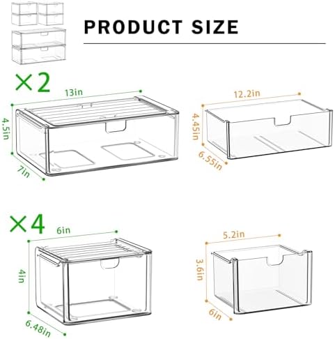 6-Pack Acrylic Stackable Storage Drawers for Vanity, Desk, Bath