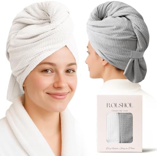2 Pack Waffle Microfiber Hair Towel Wraps for Women, 32 x 11 In