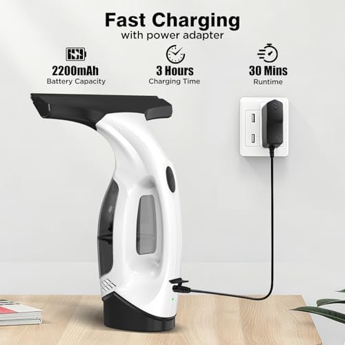 Window Vacuum Squeegee Cordless, 2000Pa Electric Window Cleaner Tool with 2200mAh & 150ml Water Collection Tank, Handles Cleaning Kit Shower Squeegee for Glass Doors, Tiles, Mirrors, Car