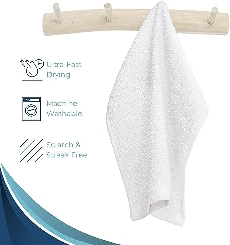 13 x 13 Inches Bar Mop Towels White Terry Cloth Dish Rags, Cotton Cleanings Cloths - Soft & Gentle Face Towels, Absorbent & Lightweight Bar Rags for Kitchen Hand Towels (24 Pack)