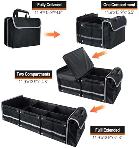 Car Trunk Organizer with Insulated Cooler Bag, Foldable & Waterproof Storage Organizer with Lid for SUV, Truck, Sedan - 4 Large Adjustable Compartments, Heavy Duty & Collapsible Design