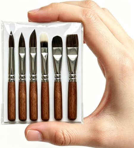 6 pcs Short Handle Watercolor Brushes,Professional Synthetic Squirrel Paint Brush Set for Detail Acrylic Gouache,Travel Art Paintbrushes Includes Round,Cat's Tongue,Dagger,Texture,Shaper,Flat