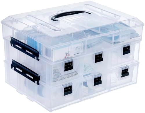 11 Inch Clear Plastic Storage Box Container, Arts and Crafts Sewing Supplies Organizer Case with Black Accents, 24 Customizable Compartments, and 6 Drawers with Removable Dividers