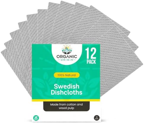 Organic Origin Swedish Dishcloths for Kitchen - Cellulose Cloths, 12 Counts