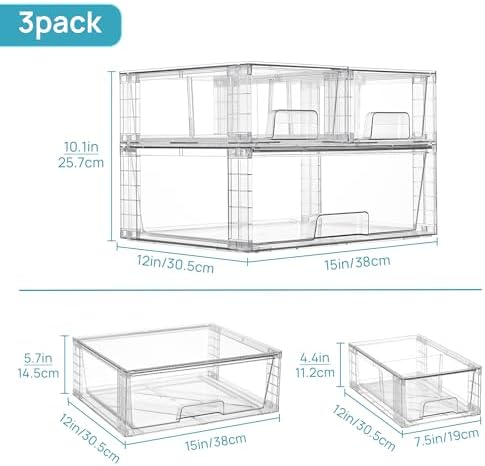 Clear Stackable Storage Drawers, 3 Pack Wide Organizer Set
