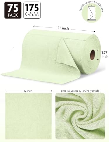 Microfiber Cleaning Cloth Roll- 75 Sheets, 12" x 12" (Green)