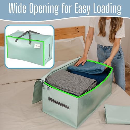 10 Pack Extra Large Heavy Duty Moving Bags with Wide Opening & Reinforced Handles, Reusable Storage Tote Bags with Strong Zippers for Clothes, College Dorm Essentials & Moving Supplies
