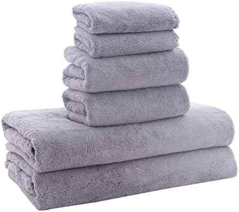 Ultra Soft Towel Set - Quick Drying - 2 Bath Towels 2 Hand Towels 2 Washcloths - Microfiber Coral Velvet Highly Absorbent Towel for Fitness, Bathroom, Sports, Yoga, Travel-Grey 6 Pcs