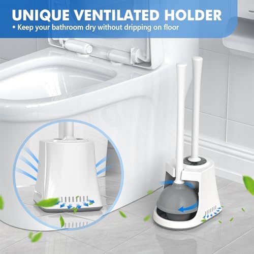 Toilet Plunger and Brush with Holder, Bowl Brush and Heavy Duty Toilet Plunger Set with Ventilated Holder, 2-in-1 Toilet Brush and Plunger Combo for 5.3-inch Toilet Drain New Pack (White, 1)