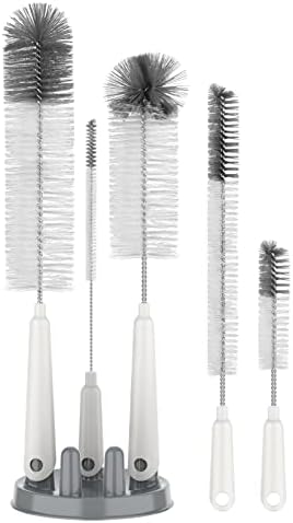 5 Pack Bottle Brush Cleaning Set with Storage Holder, White