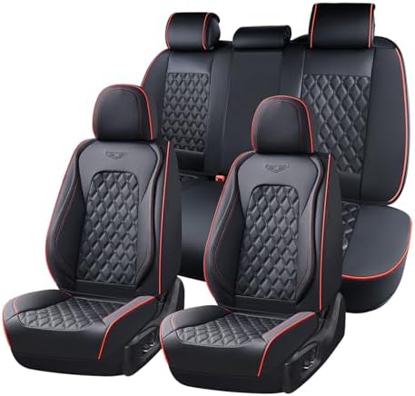 Full Set Car Seat Covers, Luxury Faux Leather Waterproof Seat Covers, 5-Seat Universal Fit, Front & Back Car Seat Protectors,Leather Seat Covers for Most Cars-Black & Red Line