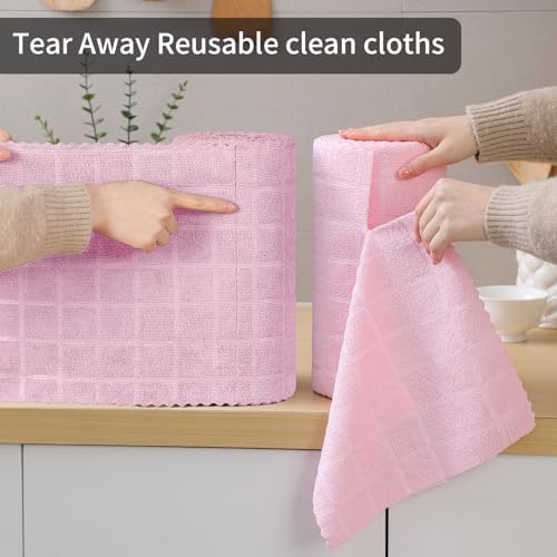 80 Pack Microfiber Cleaning Cloth Roll,Lint Free Rags Paper Towels & Tear Away Reusable Towels,Washable Shop Rags,Wash Cloths Dish Rags(12" x 12") for Car Kitchen Window Garage-Pink