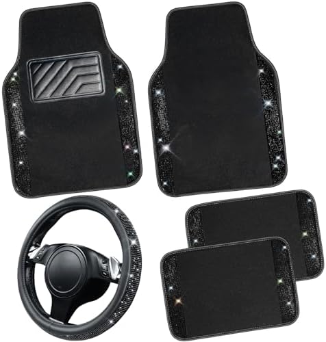 Bling Diamond Leather Steering Wheel Cover 14.5in-15in Floor Mats Shining Rhinestone Carpet Sparkly Glitter Crystal Anti-Slip Pad Fit Automotive SUV Pickup Truck Girl Women, 5pcs Black