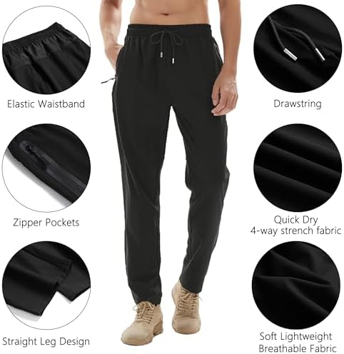 Mens Hiking Pants Joggers Lightweight Breathable Quick Dry Outdoor Fishing Athletic Work Pants with Zipper Pockets