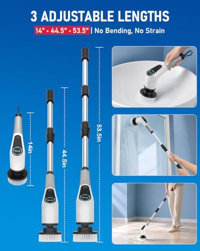 Electric Spin Scrubber, Extendable Handle, 8 Brush Heads-WH