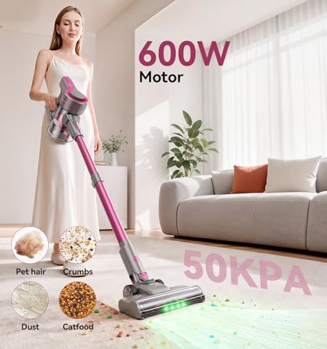 600W/50Kpa Cordless Vacuum Cleaners for Home, 50Mins Stick Vacuum with Self-Standing,Anti-Tangl,Lightweight Wireless Vacuum for Hardwood Floors Carpet Pet Hair Car(Purple)