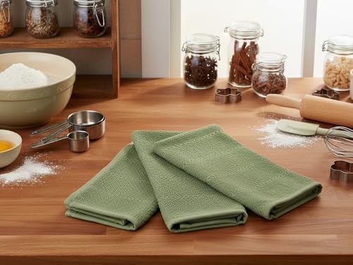 Dark Sage Green Kitchen Hand Dish Towels, Set of 3, 100% Cotton, 18" x 28"