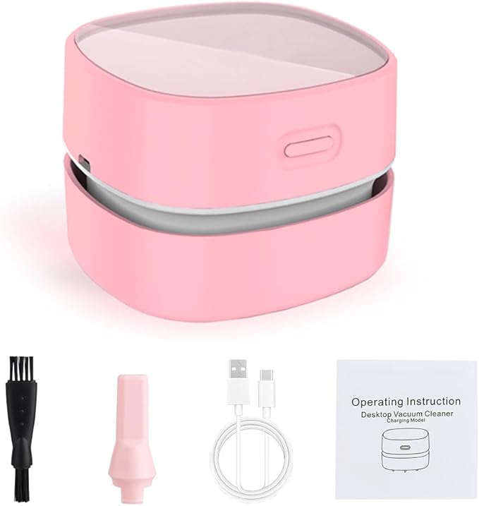 ODISTAR Desktop Vacuum Cleaner,Mini Table dust Sweeper Energy Saving,High Endurance up to 400 mins,Cordless&360º Rotatable for Cleaning Hairs,Crumbs,Computer Keyboard of Gifts for Kids (Pink)