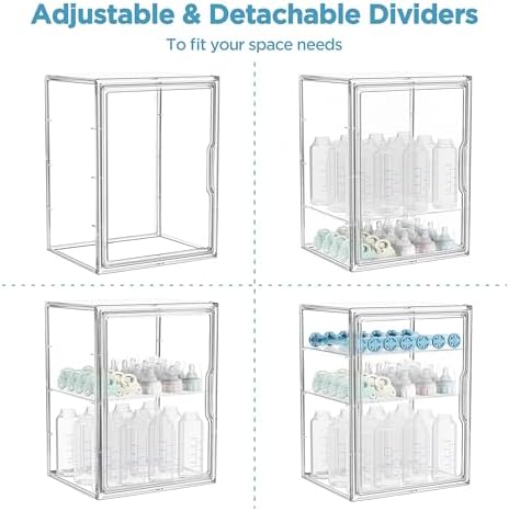 Baby Bottle Storage Organizer for Countertop Cabinet, 3 Tiers Adjustable Clear Acrylic Bottles Storage Station Case Box Container with 2 Removable Dividers and Magnetic Door, Large