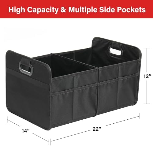 Car Trunk Organizer, 2 Compartments Collapsible Trunk Storage, Anti-slip Design, Made of Waterproof 600D Oxford Polyester, Suitable for SUV, Minivan, Truck, Standard Size, Black