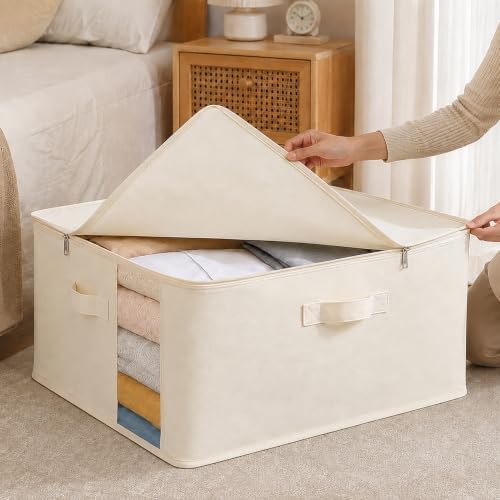 3Pack Canvas Storage Bags for Clothes & Comforters with Clear Window, Beige