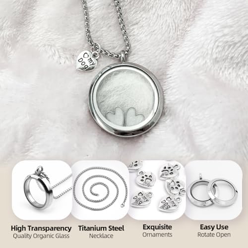 Dog Fur Hair Keepsake Necklace, Ashes Memory Urn with Charm, Glass Circle Memorial Pendant Necklace, Pet Cremation Memorial Jewelry for Women Men, Vial Necklace for Ashes