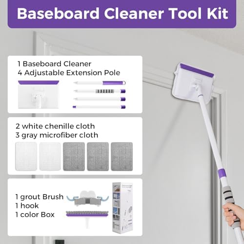 Baseboard Cleaner Tool with 60" Extendable Handle, 5 Reusable Pads