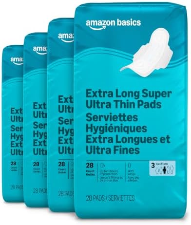 Ultra Thin Pads with Flexi-Wings for Periods, Extra Long Length, Super Absorbency, Unscented, Size 3, 112 Count (4 Packs of 28), Packaging May Vary