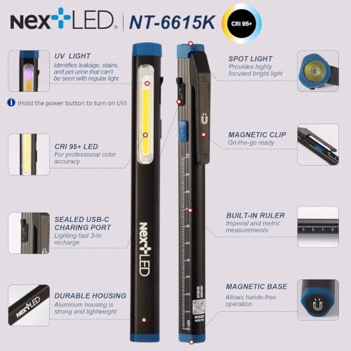 NT-6615K CRI 95 Auto Detailing Light, Rechargeable Pocket Flashlight, 430 Lumen, 6000K, Magnetic, Spot/Flood/365nm UV Light 3 in 1, for Paint Correction, Swirl Finder, Pro Paint Matching Tool