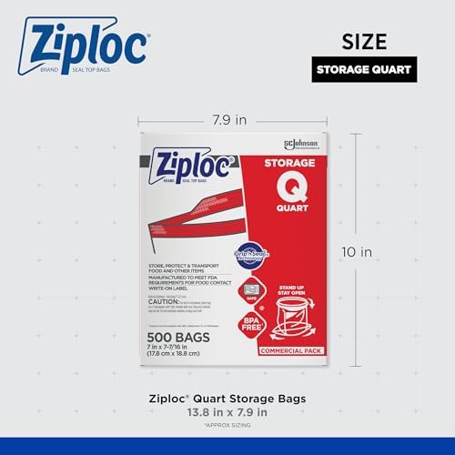 Ziploc Storage Bags, For Food Organization and Storage, Double Zipper Seal, Easy-Open Tabs Quart, 500 Count