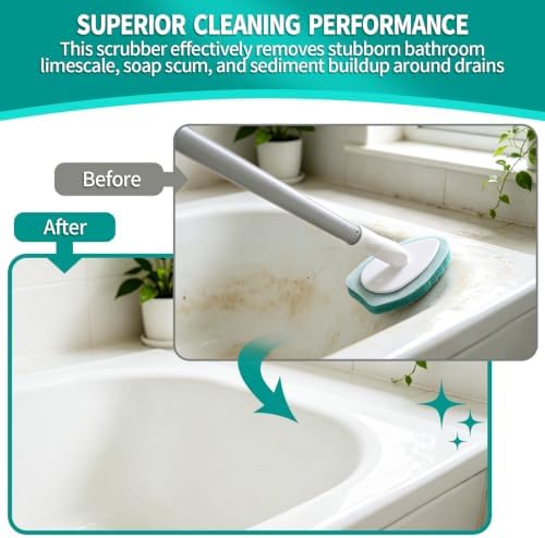Professional Shower Scrubber with Long Handle, Shower Cleaner Brush, Shower and tub Scrubber with 10 PCS Non-Scratch Scouring Pads for Bathroom Shower and tub